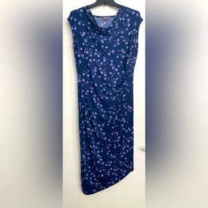Vince Camuto Navy Blue and Pink Floral Side Ruched Dress Asymmetrical Hem